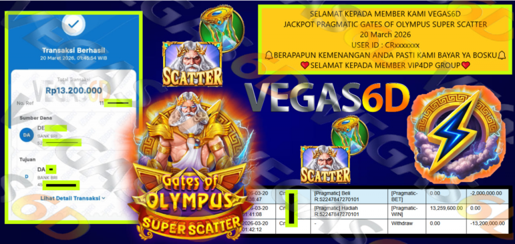 VEGAS6D JACKPOT PRAGMATIC GATES OF OLYMPUS SUPER SCATTER Rp.13.200.000,- LUNAS