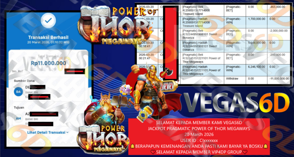 VEGAS6D JACKPOT PRAGMATIC POWER OF THOR MEGAWAYS Rp.11.000.000,- LUNAS