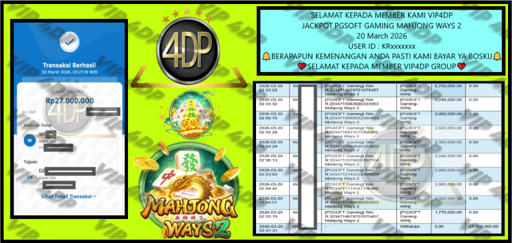 VIP4DP JACKPOT PGSOFT GAMING MAHJONG WAYS 2 Rp.27.000.000,- LUNAS