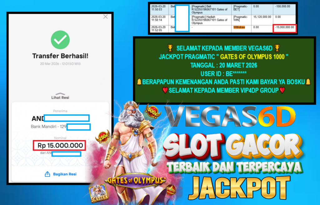 VEGAS6D JACKPOT PRAGMATIC ” GATES OF OLYMPUS 1000 ” Rp.15.000.000,- LUNAS