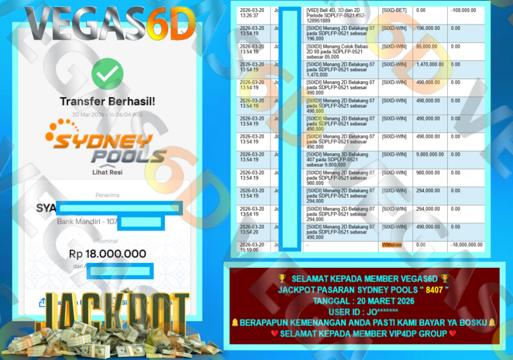 VEGAS6D JACKPOT PASARAN SYDNEY POOLS ” 8407 ” Rp.18.000.000,- LUNAS