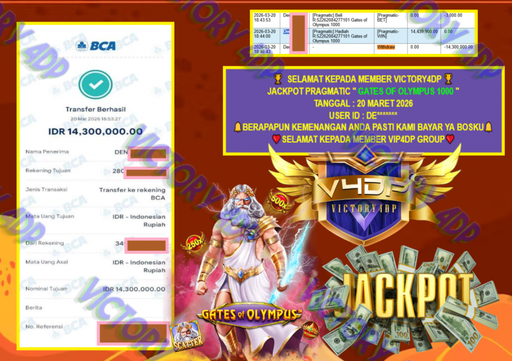 VICTORY4DP JACKPOT PRAGMATIC ” GATES OF OLYMPUS 1000 ” Rp.14.300.000,- LUNAS