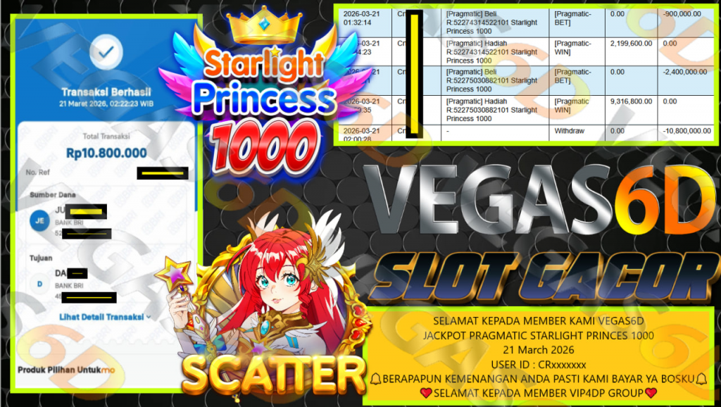 VEGAS6D JACKPOT PRAGMATIC STARLIGHT PRINCES 1000 Rp.10.800.000,- LUNAS