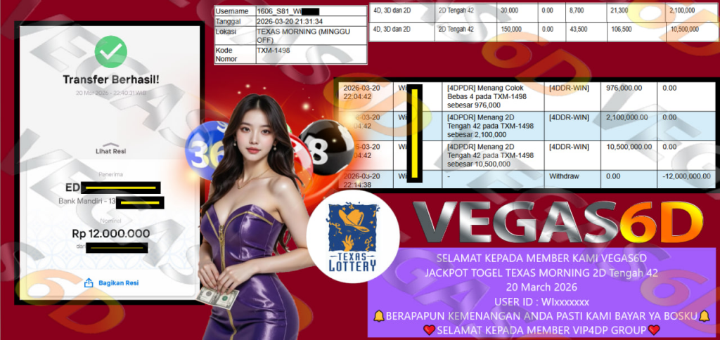 VEGAS6D JACKPOT TOGEL TEXAS MORNING 2D Tengah 42 Rp.12.000.000,- LUNAS