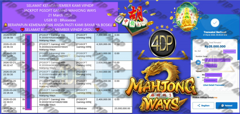 VIP4DP JACKPOT PGSOFT GAMING MAHJONG WAYS Rp.25.000.000,- LUNAS