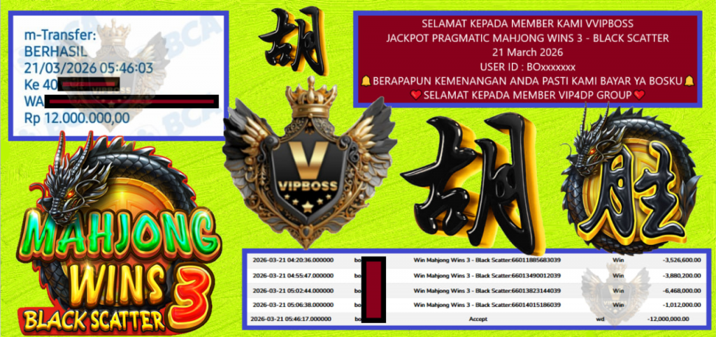 VVIPBOSS JACKPOT PRAGMATIC MAHJONG WINS 3 – BLACK SCATTER Rp.12.000.000,- LUNAS