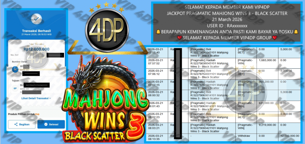 VIP4DP JACKPOT PRAGMATIC MAHJONG WINS 3 – BLACK SCATTER Rp.12.000.000,- LUNAS