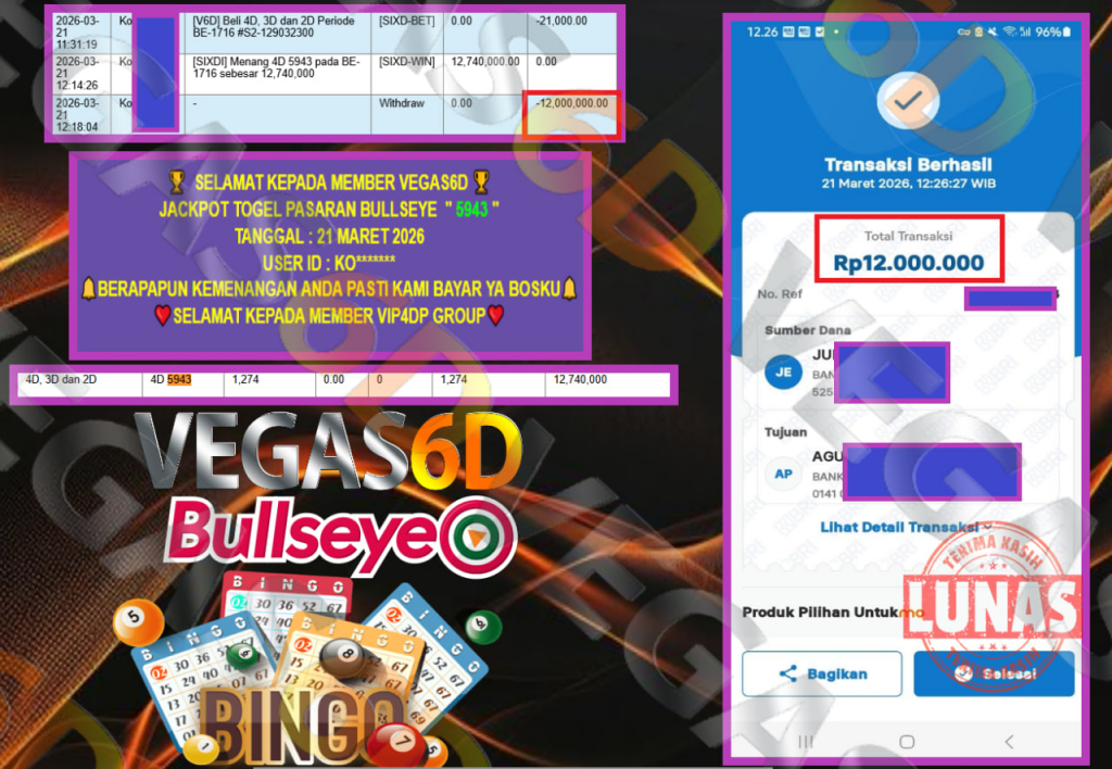 VEGAS6D JACKPOT TOGEL PASARAN BULLSEYE ” 5943 ” Rp.12.000.000,- LUNAS