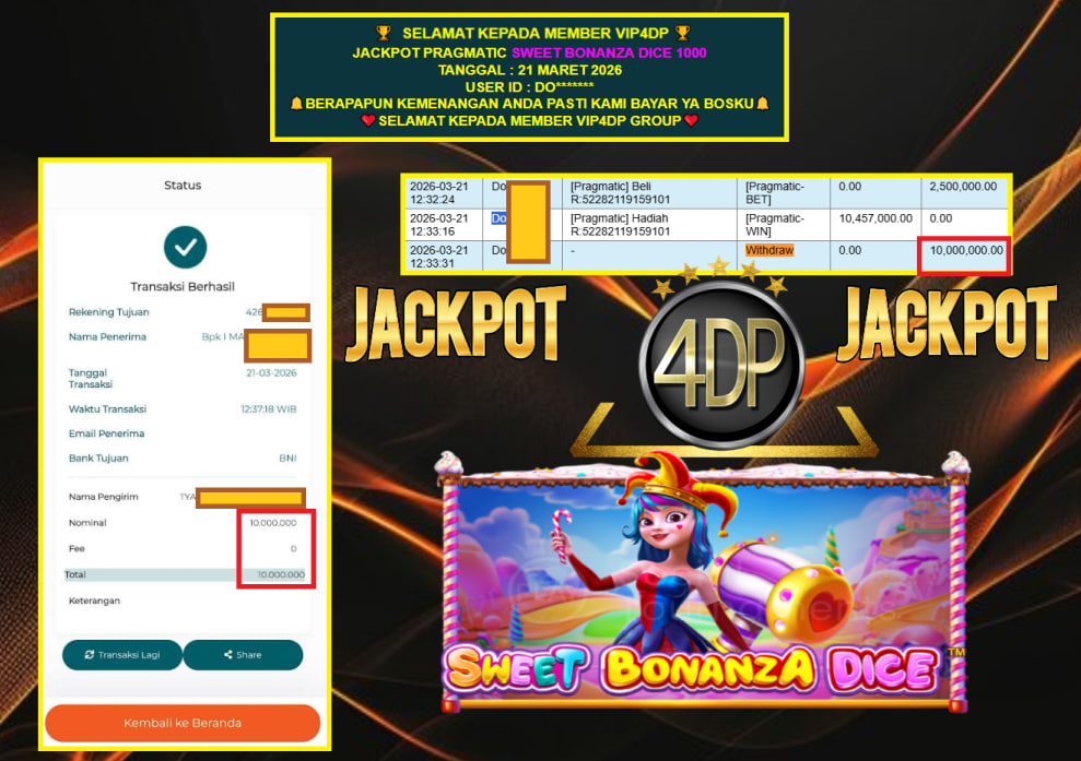 VIP4DP JACKPOT PRAGMATIC SWEET BONANZA DICE 1000 Rp.10.000.000,- LUNAS