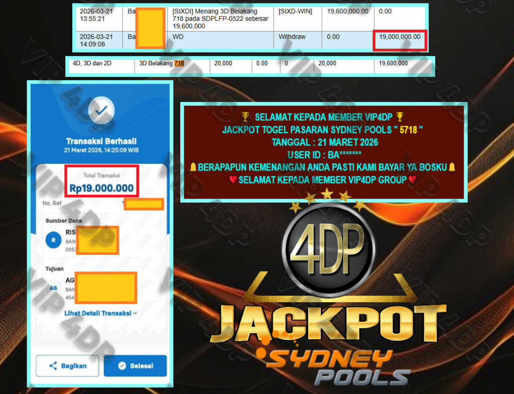 VIP4DP JACKPOT TOGEL PASARAN SYDNEY POOLS ” 5718 ” Rp.19.000.000,- LUNAS