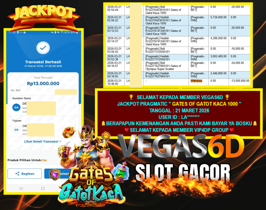 VEGAS6D JACKPOT PRAGMATIC ” GATES OF GATOT KACA 1000 ” Rp.13.000.000,- LUNAS