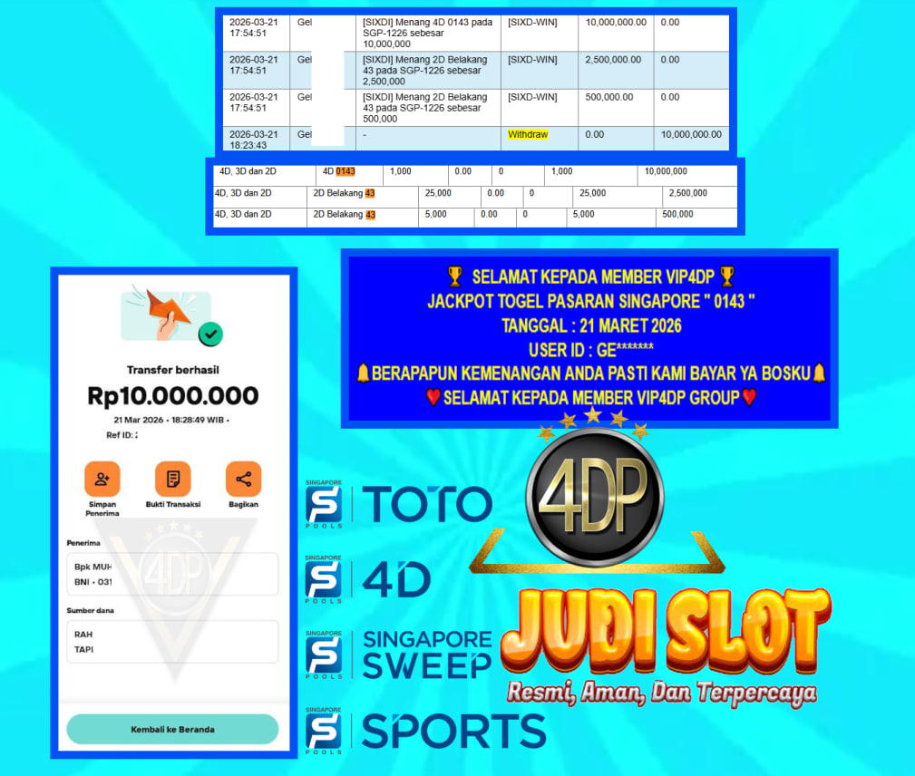 VIP4DP JACKPOT TOGEL PASARAN SINGAPORE ” 0143 ” Rp.10.000.000,- LUNAS