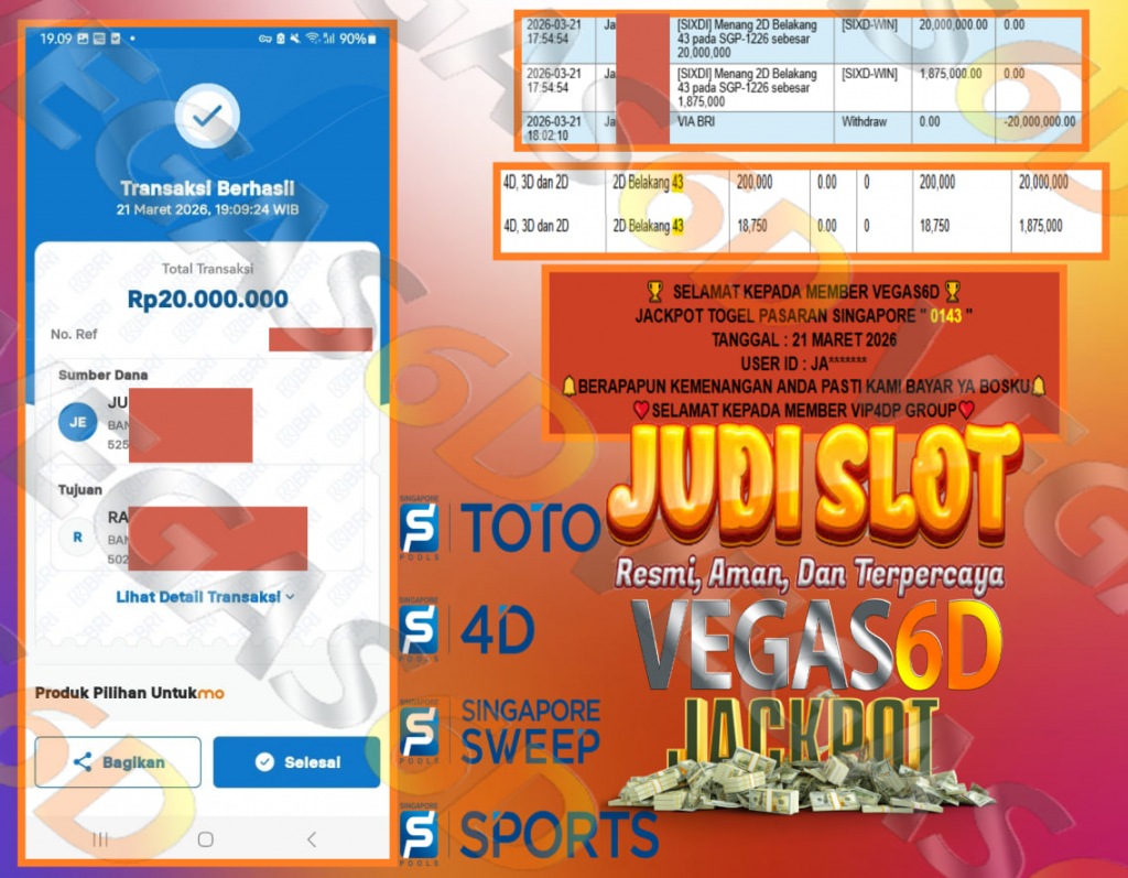 VEGAS6D JACKPOT TOGEL PASARAN SINGAPORE ” 0143 ” Rp.20.000.000,- LUNAS