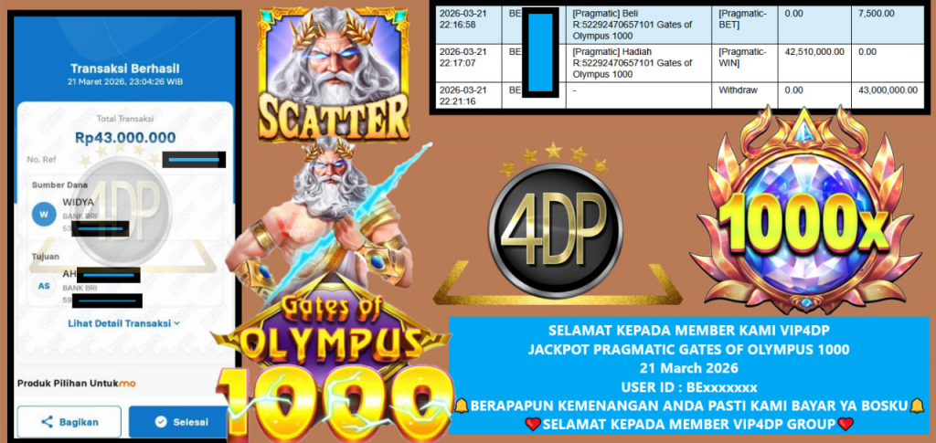 VIP4DP JACKPOT PRAGMATIC GATES OF OLYMPUS 1000 Rp.43.000.000,- LUNAS