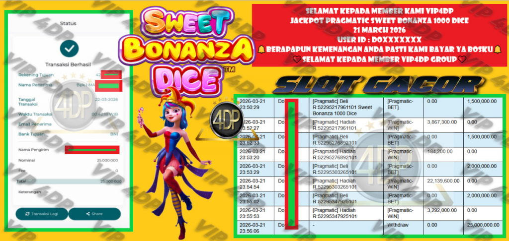 VIP4DP JACKPOT PRAGMATIC SWEET BONANZA 1000 DICE Rp.25.000.000,- LUNAS