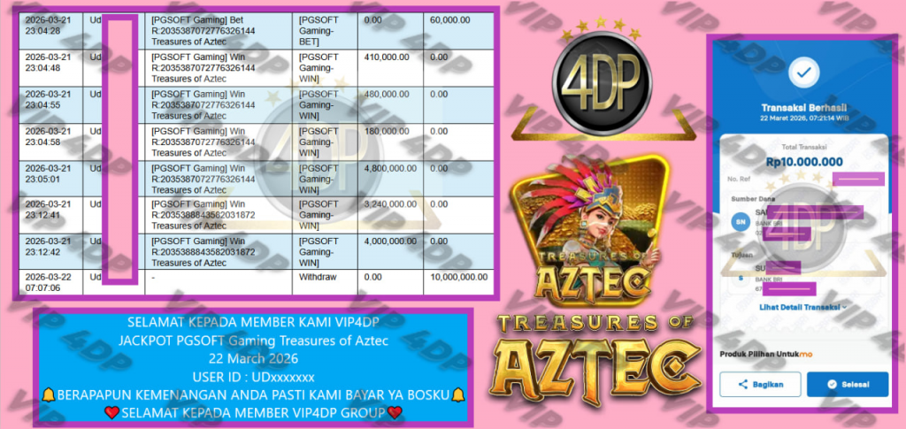 VIP4DP JACKPOT PGSOFT Gaming Treasures of Aztec Rp.10.000.000,- LUNAS