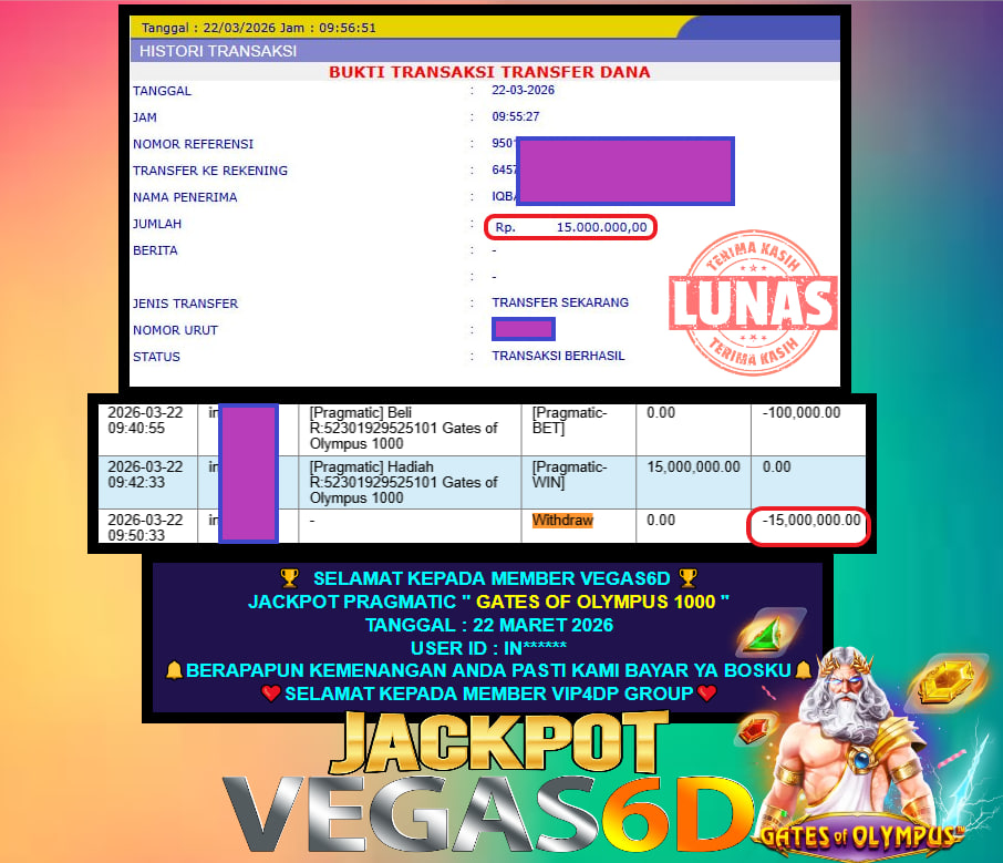 VEGAS6D JACKPOT PRAGMATIC ” GATES OF OLYMPUS 1000 ” Rp.15.000.000,- LUNAS