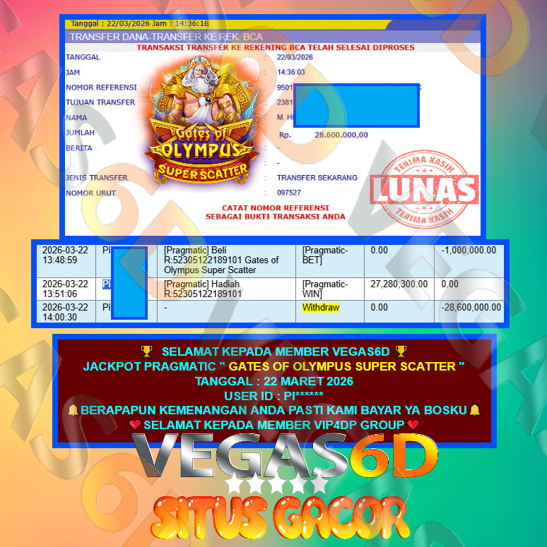VEGAS6D JACKPOT PRAGMATIC ” GATES OF OLYMPUS SUPER SCATTER ” Rp.28.600.000,- LUNAS