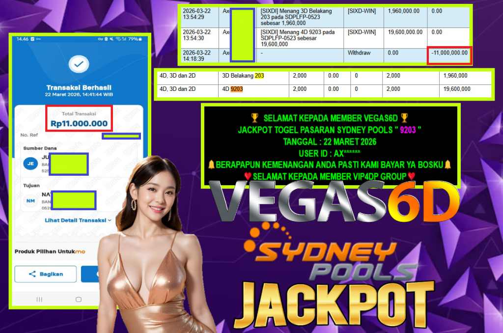 VEGAS6D JACKPOT TOGEL PASARAN SYDNEY POOLS ” 9203 ” Rp.21.000.000,- LUNAS