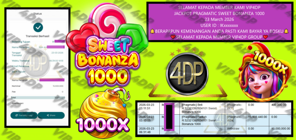 VIP4DP JACKPOT PRAGMATIC SWEET BONANZA 1000 Rp.15.000.000,- LUNAS