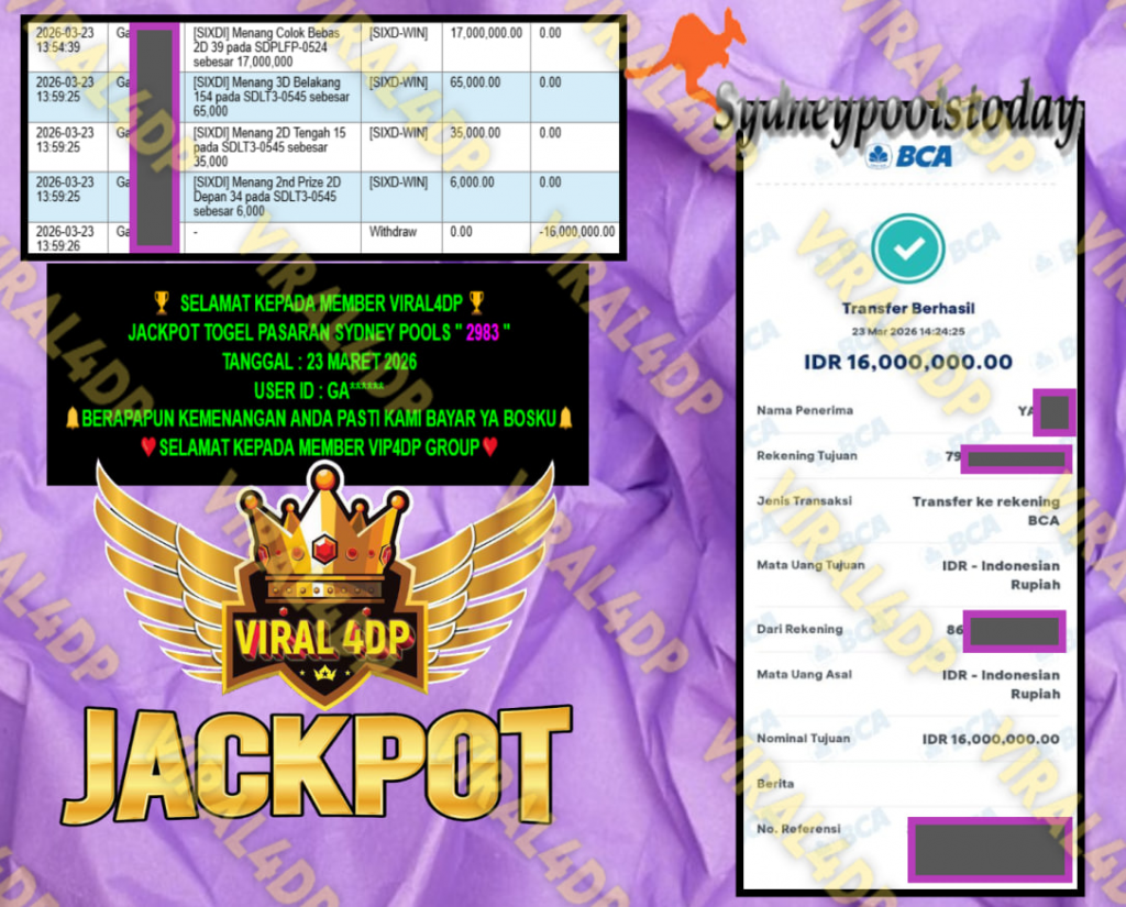 VIRAL4DP JACKPOT TOGEL PASARAN SYDNEY POOLS ” 2983 ” Rp.16.000.000,- LUNAS