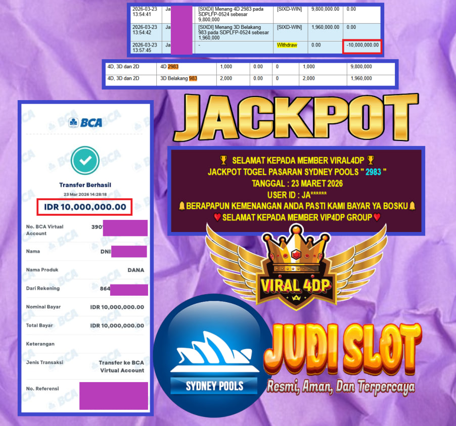 VIRAL4DP JACKPOT TOGEL PASARAN SYDNEY POOLS ” 2983 ” Rp.10.000.000,- LUNAS