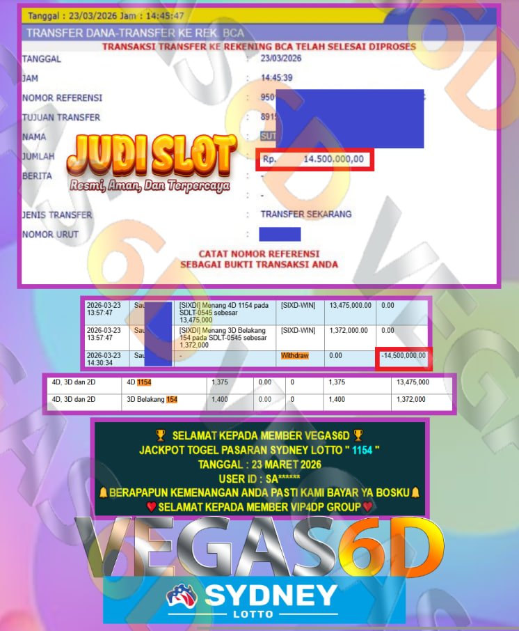 VEGAS6D JACKPOT TOGEL PASARAN SYDNEY LOTTO ” 1154 ” Rp.14.500.000,- LUNAS