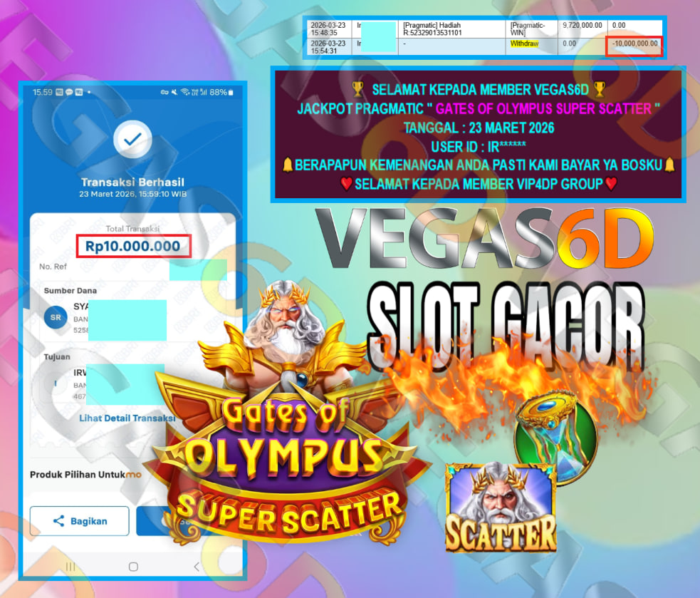 VEGAS6D JACKPOT PRAGMATIC ” GATES OF OLYMPUS SUPER SCATTER ” Rp.10.000.000,- LUNAS