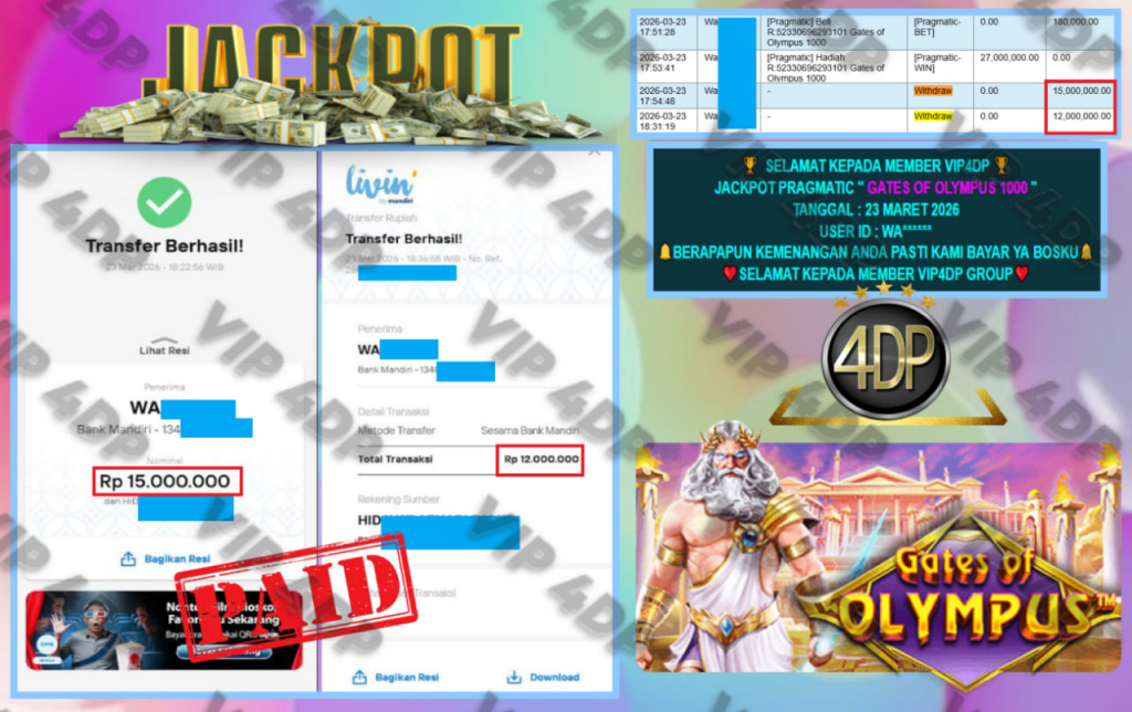 VIP4DP JACKPOT PRAGMATIC ” GATES OF OLYMPUS 1000 ” Rp.27.000.000,- LUNAS
