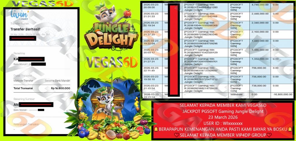 VEGAS6D JACKPOT PGSOFT Gaming Jungle Delight Rp.16.800.000,- LUNAS