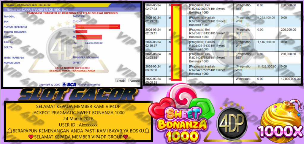 VIP4DP JACKPOT PRAGMATIC SWEET BONANZA 1000 Rp.12.000.000,- LUNAS
