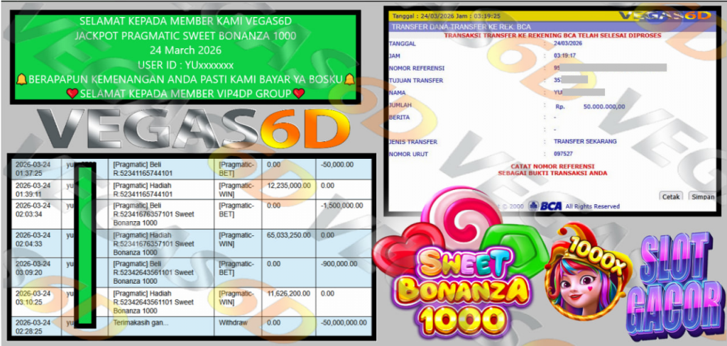 VEGAS6D JACKPOT PRAGMATIC SWEET BONANZA 1000 Rp.50.000.000,- LUNAS