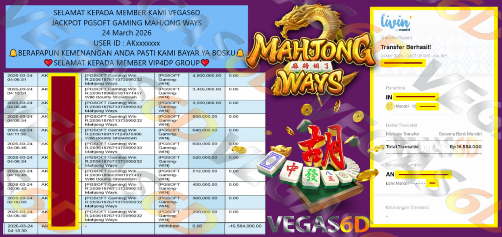 VEGAS6D JACKPOT PGSOFT GAMING MAHJONG WAYS Rp.16.584.000,- LUNAS