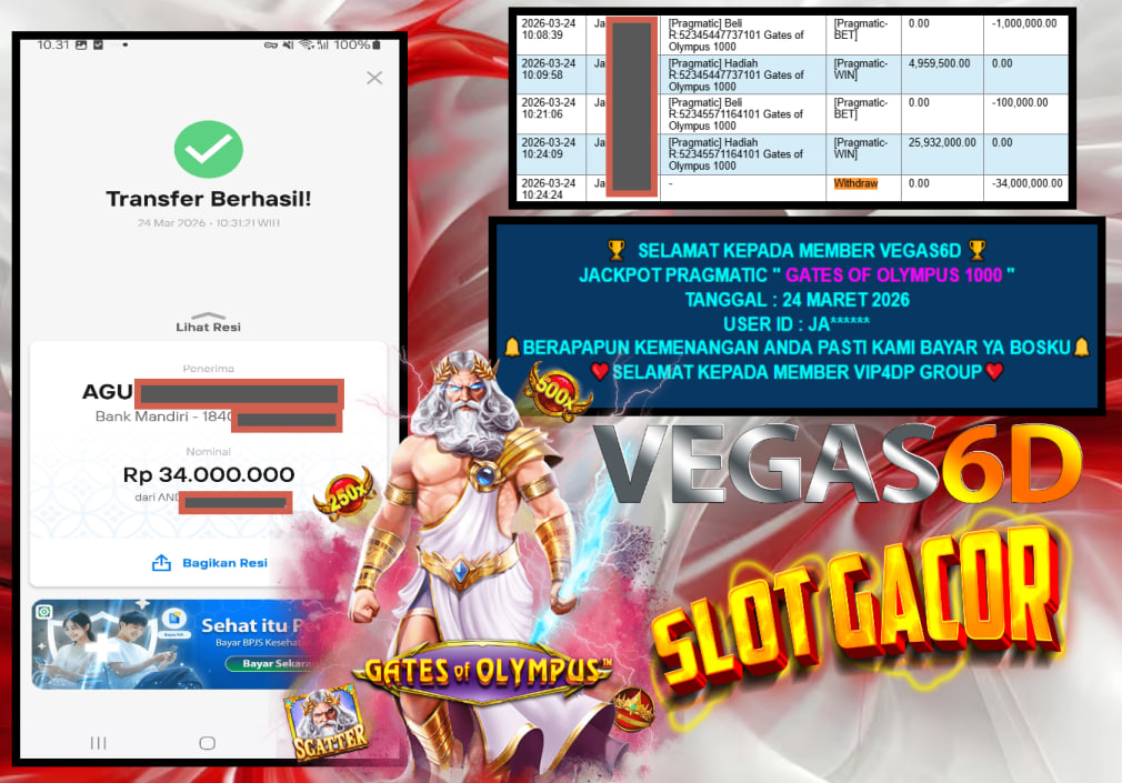 VEGAS6D JACKPOT PRAGMATIC ” GATES OF OLYMPUS 1000 ” Rp.34.000.000,- LUNAS