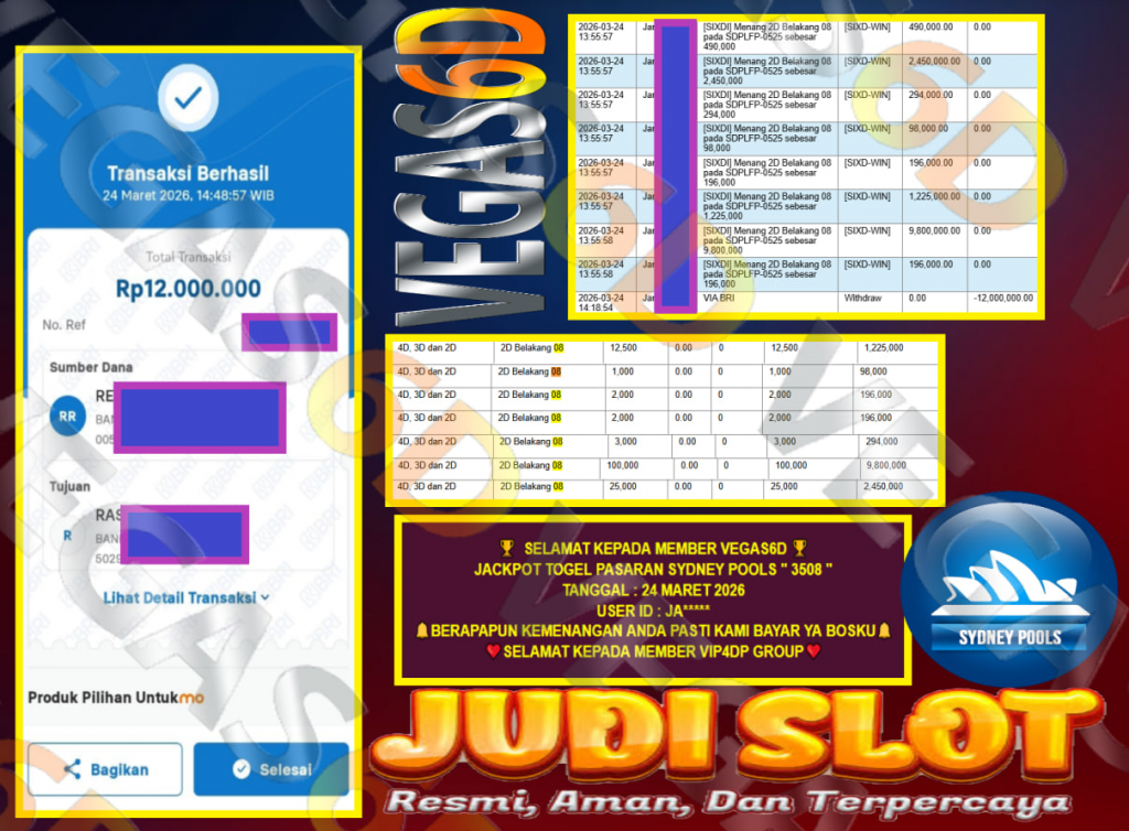 VEGAS6D JACKPOT TOGEL PASARAN SYDNEY POOLS ” 3508 ” Rp.12.000.000,- LUNAS