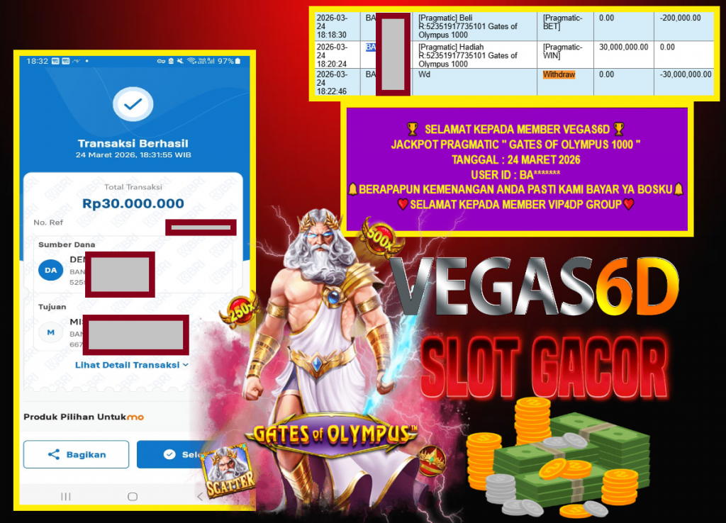 VEGAS6D JACKPOT PRAGMATIC ” GATES OF OLYMPUS 1000 ” Rp.30.000.000,- LUNAS