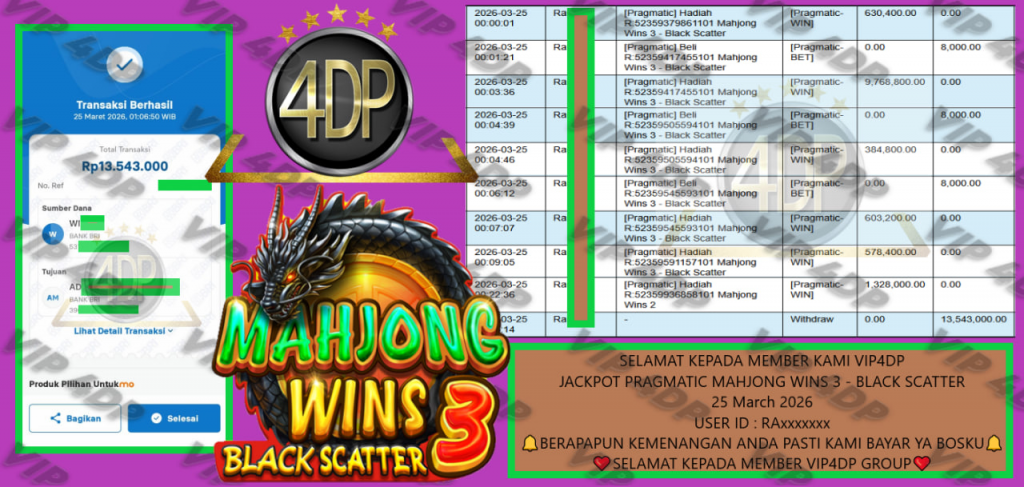 VIP4DP JACKPOT PRAGMATIC MAHJONG WINS 3 – BLACK SCATTER Rp.13.543.000,- LUNAS