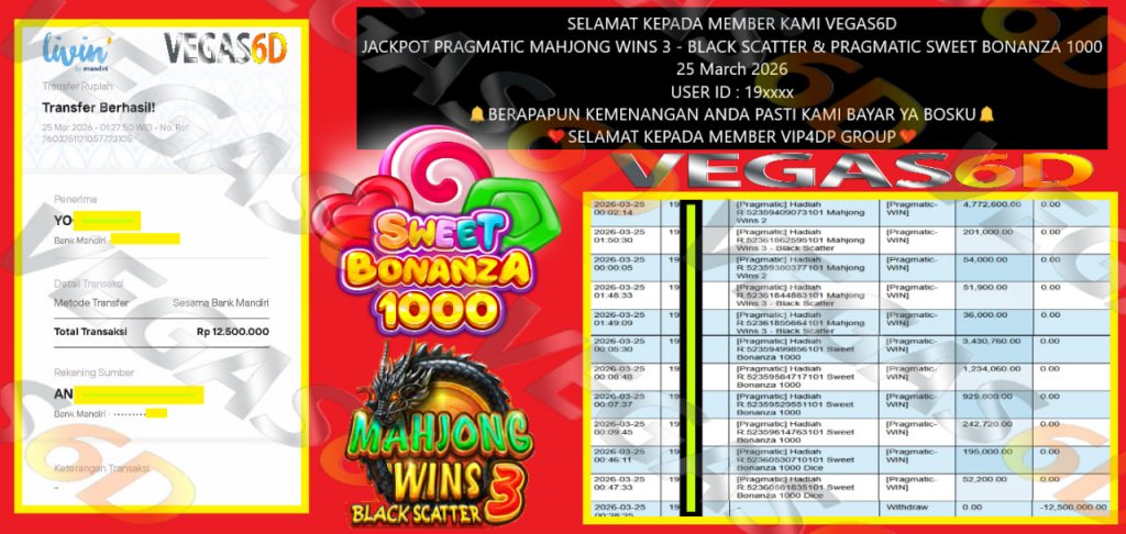 VEGAS6D JACKPOT PRAGMATIC MAHJONG WINS 3 – BLACK SCATTER & PRAGMATIC SWEET BONANZA 1000 Rp.12.500.000,- LUNAS