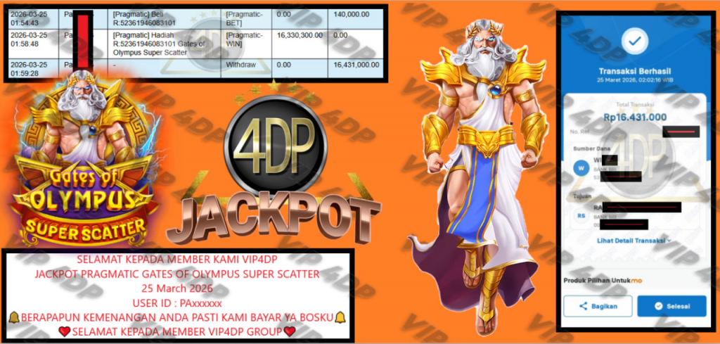 VIP4DP JACKPOT PRAGMATIC GATES OF OLYMPUS SUPER SCATTER Rp.16.431.000,- LUNAS