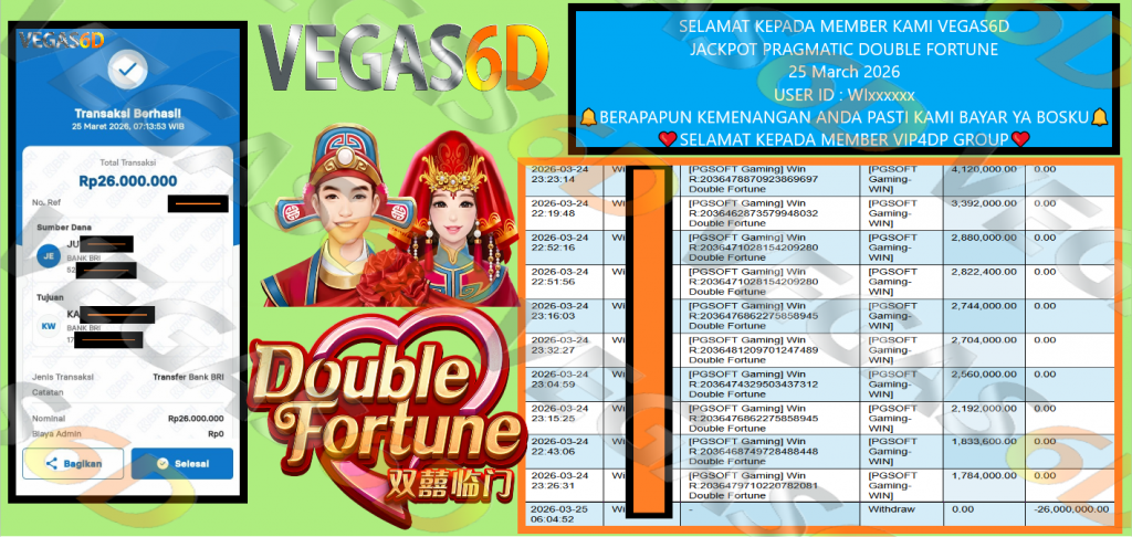 VEGAS6D JACKPOT PRAGMATIC DOUBLE FORTUNE Rp.26.000.000,- LUNAS
