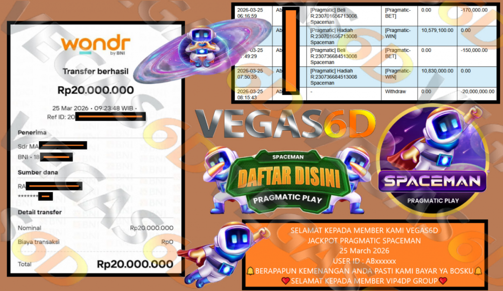 VEGAS6D JACKPOT PRAGMATIC SPACEMAN Rp.20.000.000,- LUNAS