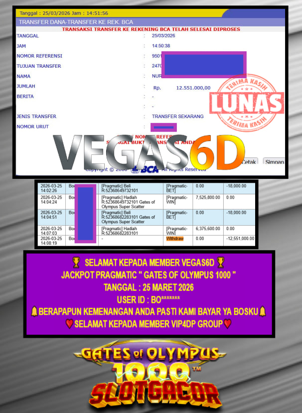 VEGAS6D JACKPOT PRAGMATIC ” GATES OF OLYMPUS 1000 ” Rp.12.551.000,- LUNAS