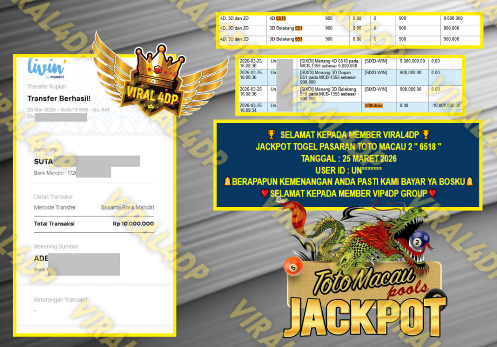 VIRAL4DP JACKPOT TOGEL PASARAN TOTO MACAU 2 ” 6518 ” Rp.10.000.000,- LUNAS