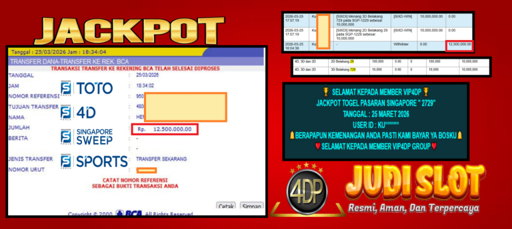 VIP4DP JACKPOT TOGEL PASARAN SINGAPORE ” 2729″ Rp.12.500.000,- LUNAS