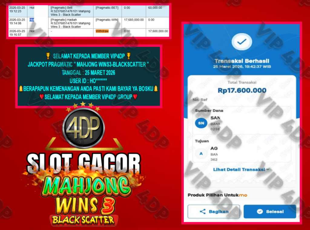 VIP4DP JACKPOT PRAGMATIC ” MAHJONG WINS3-BLACKSCATTER ” Rp.17.600.000,- LUNAS