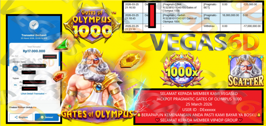 VEGAS6D JACKPOT PRAGMATIC GATES OF OLYMPUS 1000 Rp.17.000.000,- LUNAS
