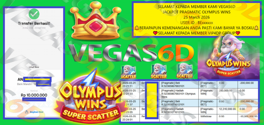 VEGAS6D JACKPOT PRAGMATIC OLYMPUS WINS Rp.10.000.000,- LUNAS