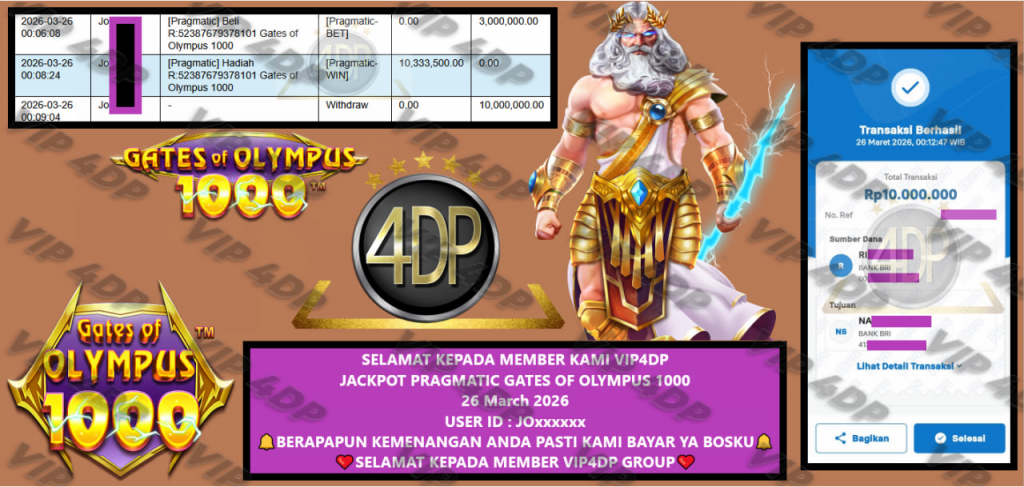 VIP4DP JACKPOT PRAGMATIC GATES OF OLYMPUS 1000 Rp.10.000.000,- LUNAS