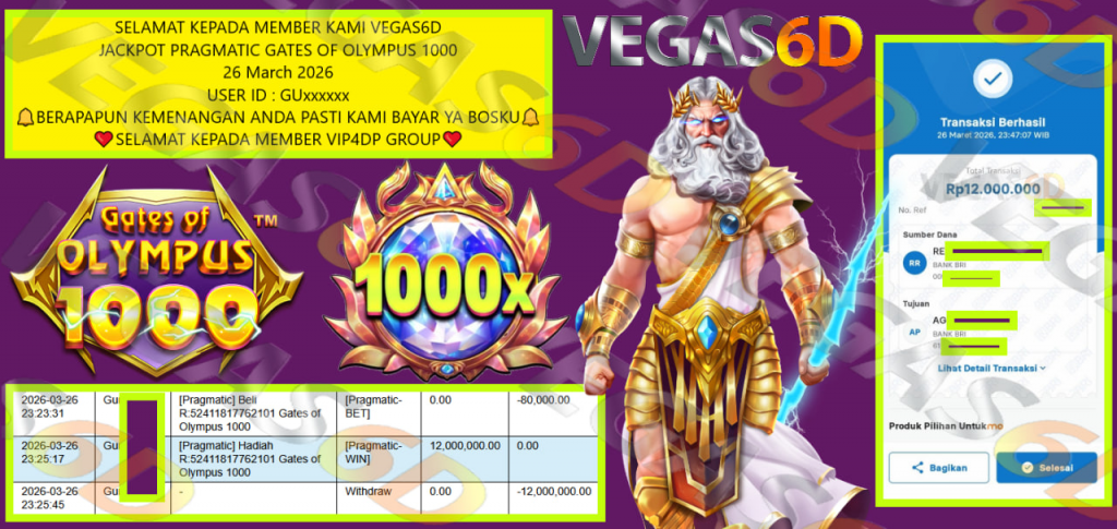 VEGAS6D JACKPOT PRAGMATIC GATES OF OLYMPUS 1000 Rp.12.000.000,- LUNAS
