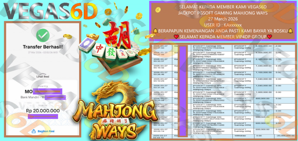 VEGAS6D JACKPOT PGSOFT GAMING MAHJONG WAYS Rp.20.000.000,- LUNAS